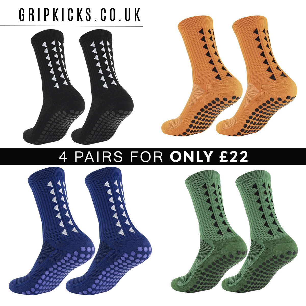 Grip Socks Pack of 4 Pairs (Blue, Orange, Black, Green) - Grip Kicks